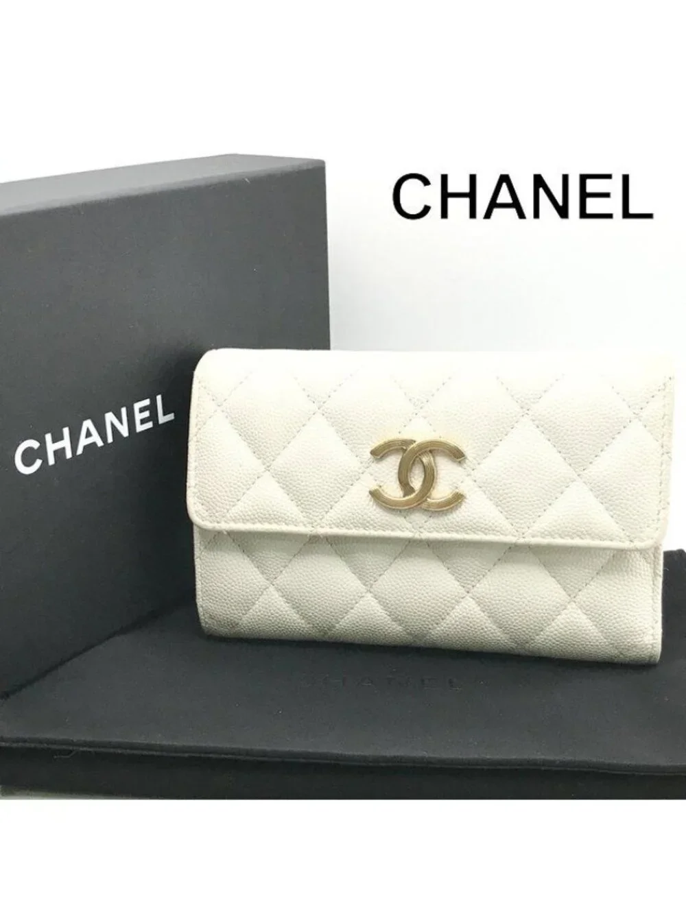 Chanel CC Logo Quilted Caviar Leather Trifold Wallet White Random
